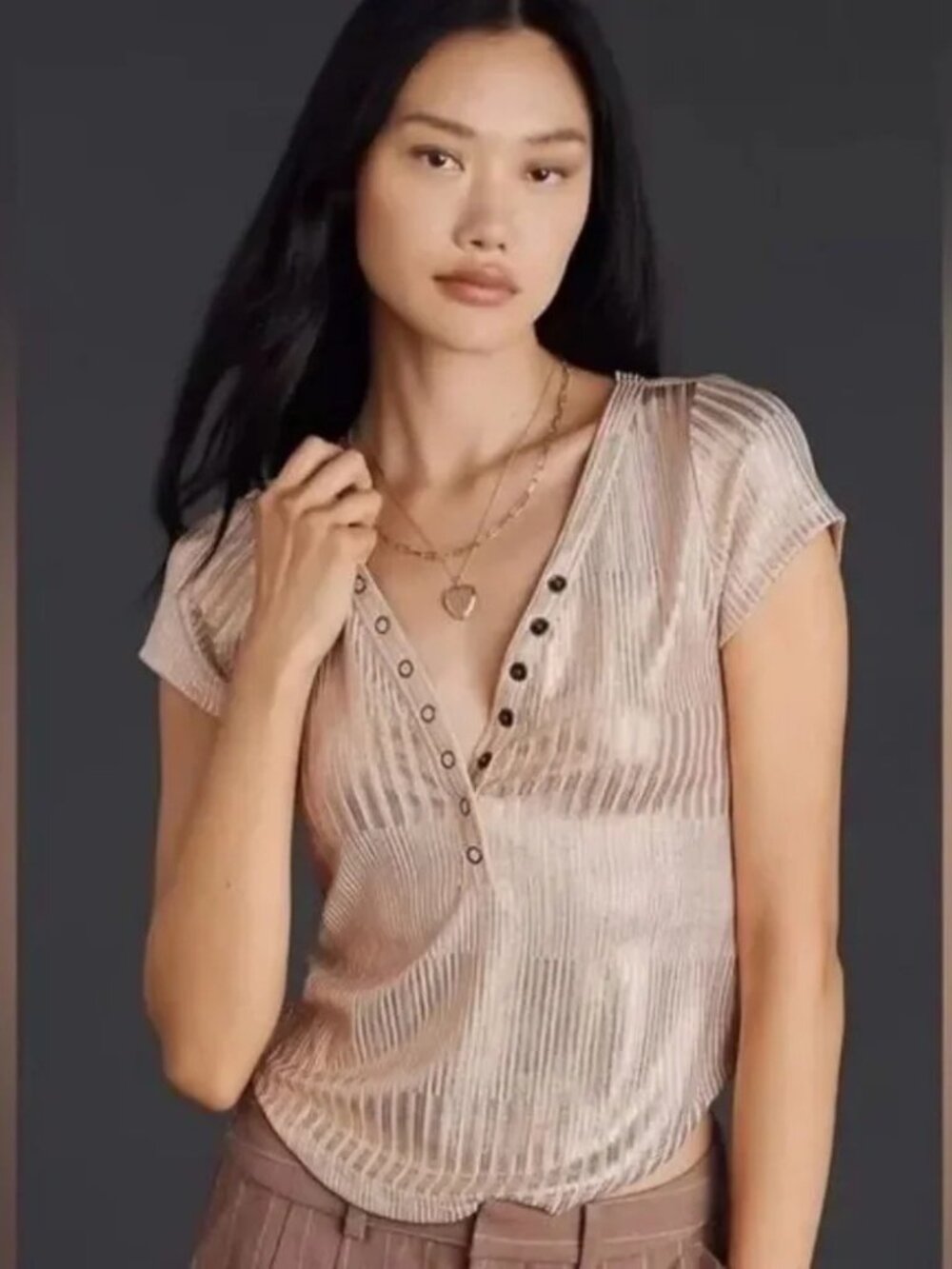 Anthropologie Pilcro The Andie Ribbed Henley Metallic Top. Shine Edition. S. NWT